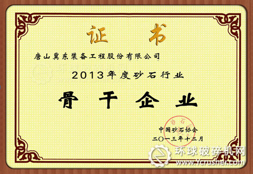冀東裝備獲評“2013年度砂石行業(yè)骨干企業(yè)”稱號