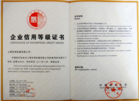 世邦機械企業(yè)信用等級證書